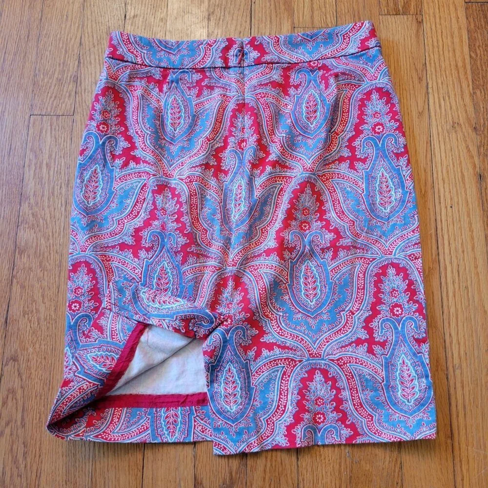J Crew 2 Pencil‎ Skirt Career Office Professional Red Paisley Back Slit